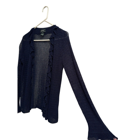 Lauren Ralph Lauren Hand Knit Cardigan Sweater Women M Blue Ruffle Long Sleeves - Picture 5 of 15